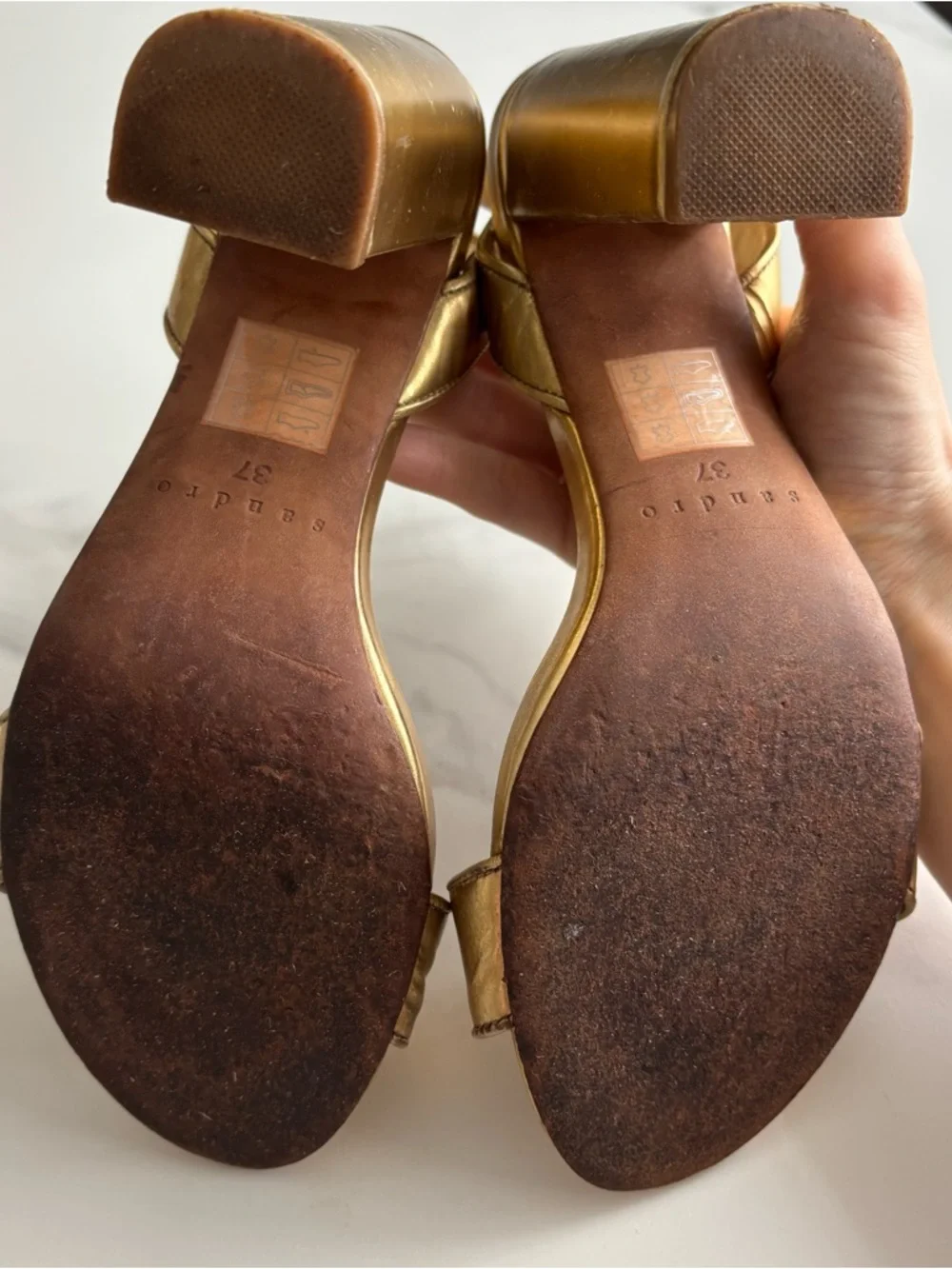 Sandro Metallic Gold Ankle-Strap Block Heel Sandals Sz 37 - Picture 6 of 9